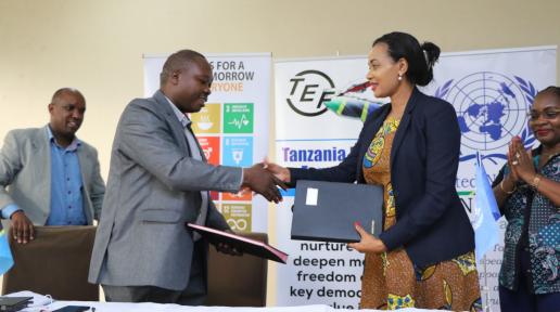 Mr. Deodatus Balile (left) and UN Communications Specialist, Ms. Hoyce Temu (right)